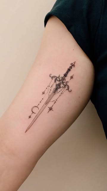 Fine-line ornamental dagger tattoo on an upper arm
